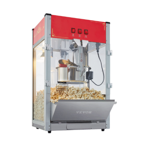 Machine &agrave; popcorn de comptoir, capot rouge et vitrage, chaudron de cuisson visible