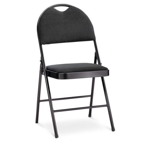 Chaise pliante noire à assise et dossier rembourrés, armée en tube d'acier noir