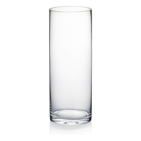 Vase cylindrique en verre transparent, sur fond blanc