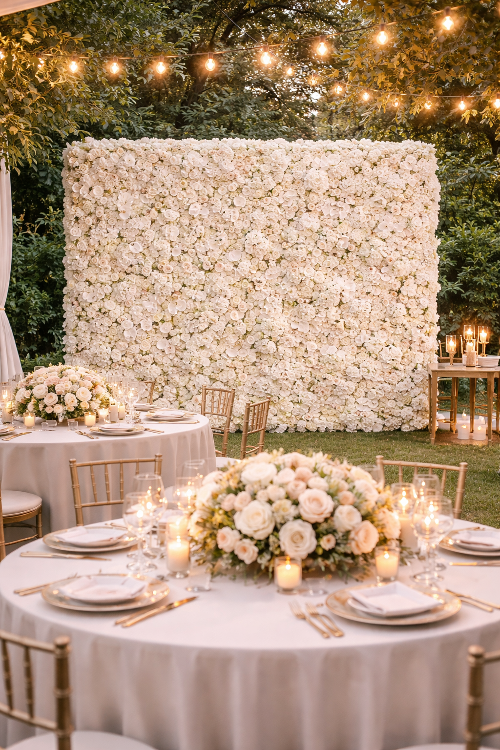 Mur de fleur blanc en location dans salle de réception pour mariage