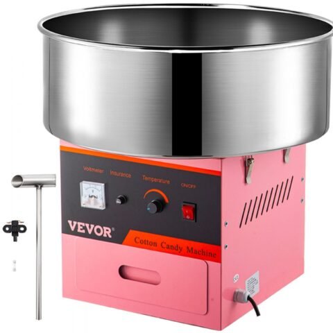 Machine à barbe à papa rose et inox, bol de filage et tige de fabrication posée à côté