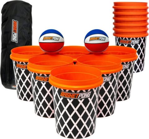 Jeu Basket Pong&nbsp;: six seaux noirs &agrave; couvercle orange, deux ballons et le sac de transport