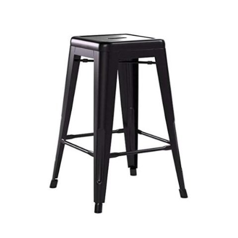 Tabouret de bar noir en métal, assise carrée sans dossier et repose-pieds