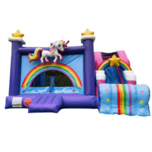 Jeu gonflable Licorne rose et arc-en-ciel à louer – idéal pour fête d’enfants ou événement magique.