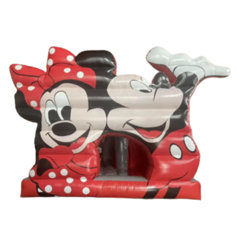 Jeu gonflable Mickey Mouse rouge, noir et blanc, gros visages de Mickey et Minnie en façade et entrée centrale