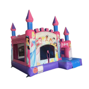 Jeu gonflable Princesse XL 4x4x4 mètres à louer – rose et mauve, château féérique pour enfants de 3 à 8 ans.