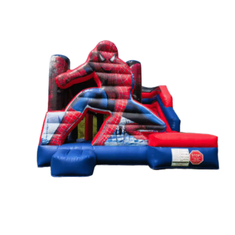 Jeu gonflable Spiderman XL rouge et bleu, grande figure de Spiderman sur la fa&ccedil;ade