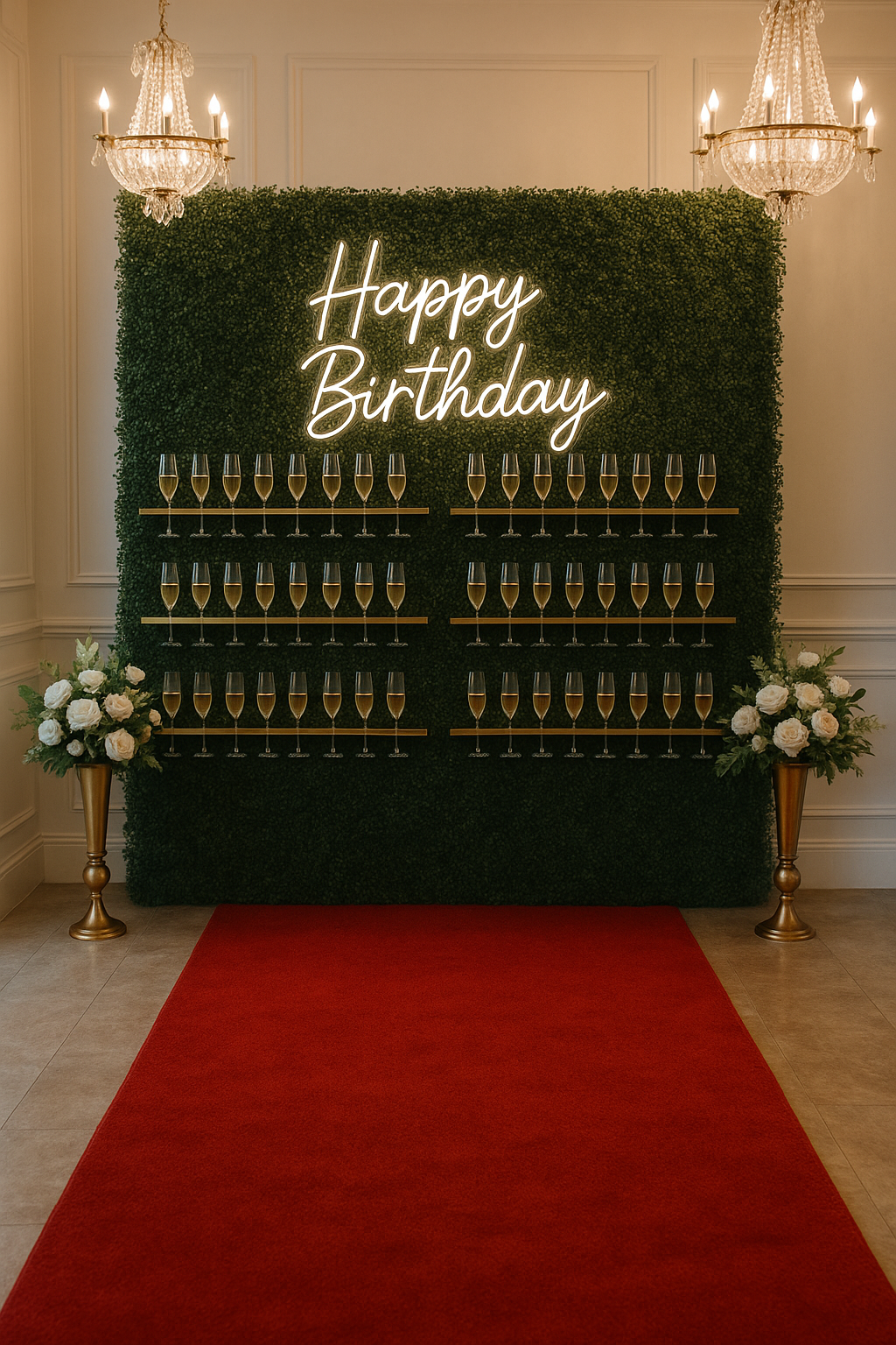 Mur décoratif avec néon happy birthday et tapis rouge Mur décoratif avec néon happy birthday et tapis rouge