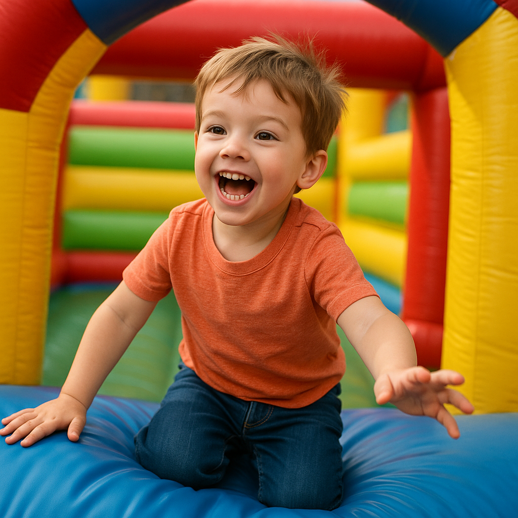 Enfant riant sur un jeu gonflable multicolore