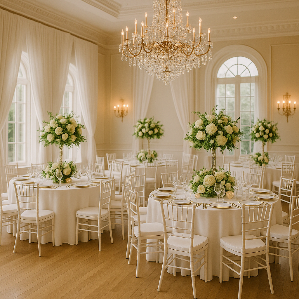 Salle de réception avec chaise chiavari blanche Salle de réception avec chaise chiavari blanche
