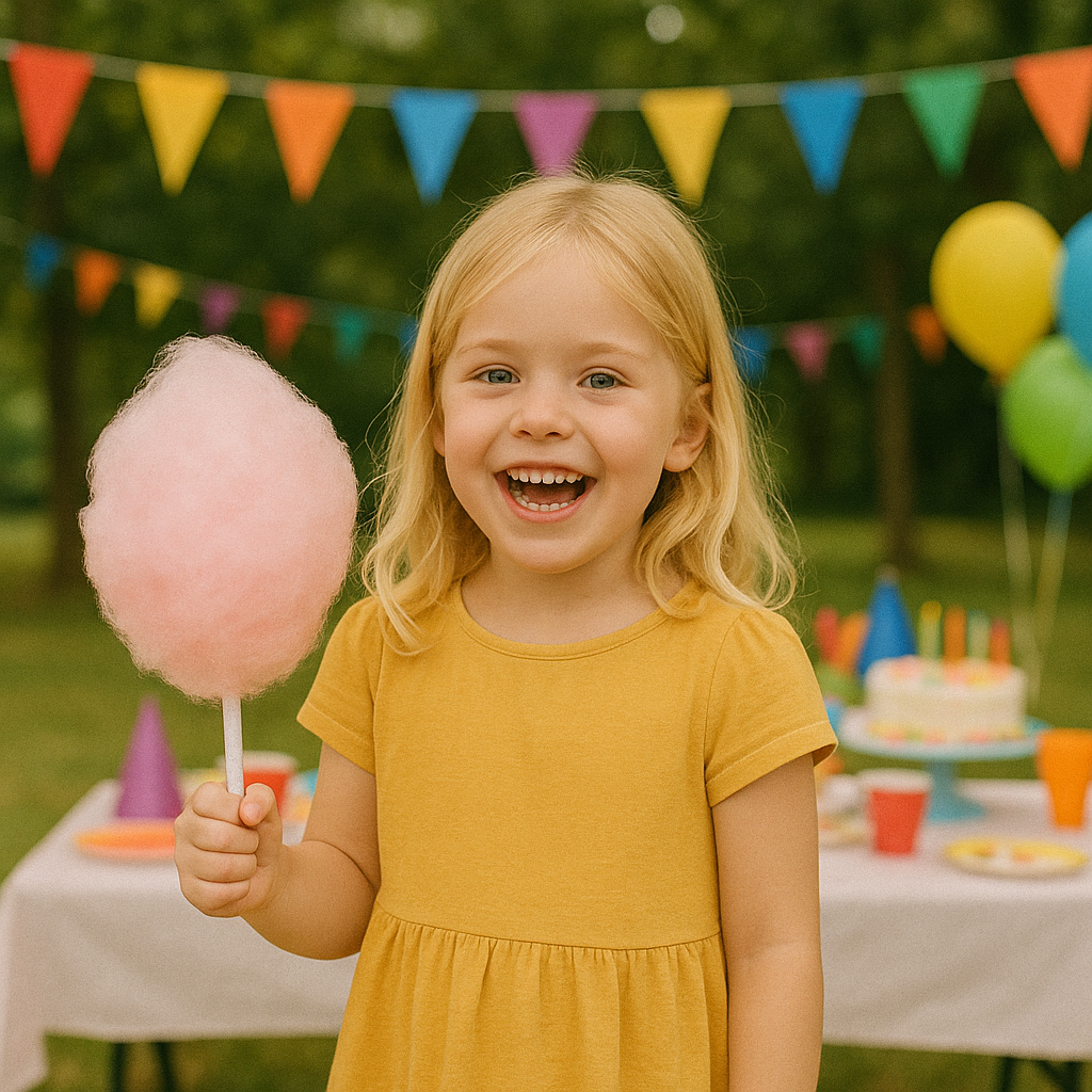 Enfant avec barbe à papa dans un party d'anniversaire Enfant avec barbe à papa dans un party d'anniversaire