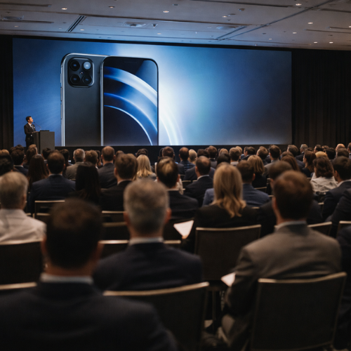 Présentation lors d’un événement de lancement de produit, avec dirigeant s’adressant à un public corporatif dans une salle moderne.