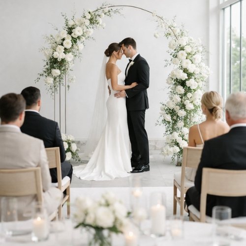 Gala corporatif élégant dans une salle de réception blanche avec invités en tenue chic, tables décorées de nappes blanches et centres de table raffinés, ambiance professionnelle et haut de gamme