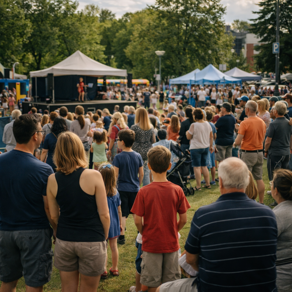 Événement municipal rassemblant citoyens et familles lors d’une activité communautaire organisée par une ville