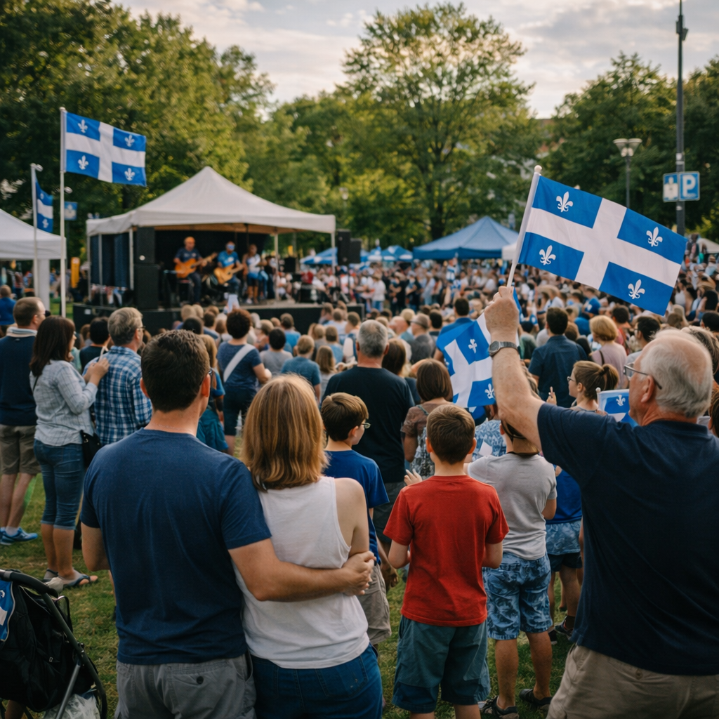 Fête nationale du Québec avec citoyens rassemblés et drapeaux fleurdelisés lors d’un événement municipal