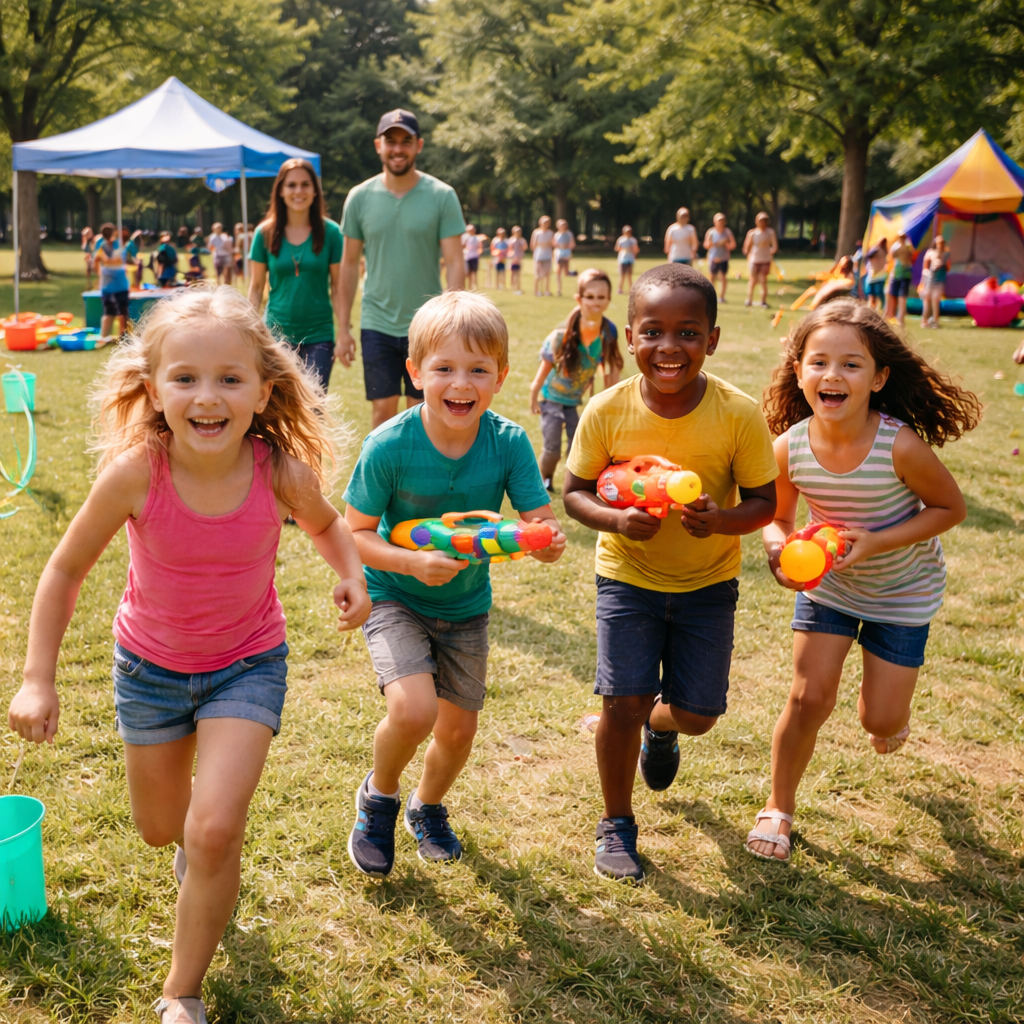 Activités de camp de jour en plein air avec enfants participant à des jeux et animations estivales encadrées.