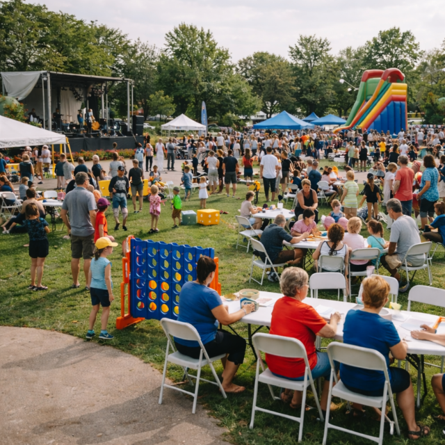 Fête communautaire rassemblant familles et citoyens lors d’un événement organisé dans un parc de quartier