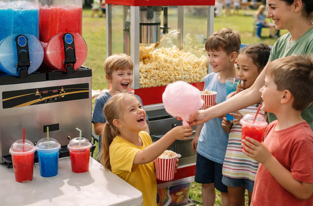 Enfants profitant de slush, popcorn et barbe à papa lors d’un événement municipal avec machines festives en plein air.