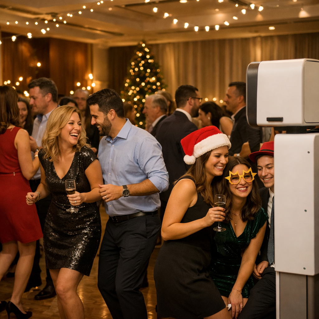 Party de Noël corporatif avec piste de danse animée et photobooth moderne dans une salle élégante, ambiance festive et professionnelle.