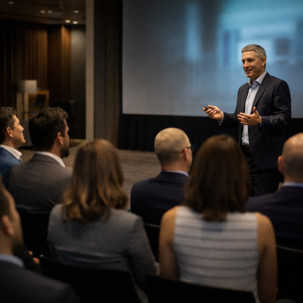 Lancement de produit corporatif avec présentation par un dirigeant devant un public attentif dans une salle moderne et élégante.