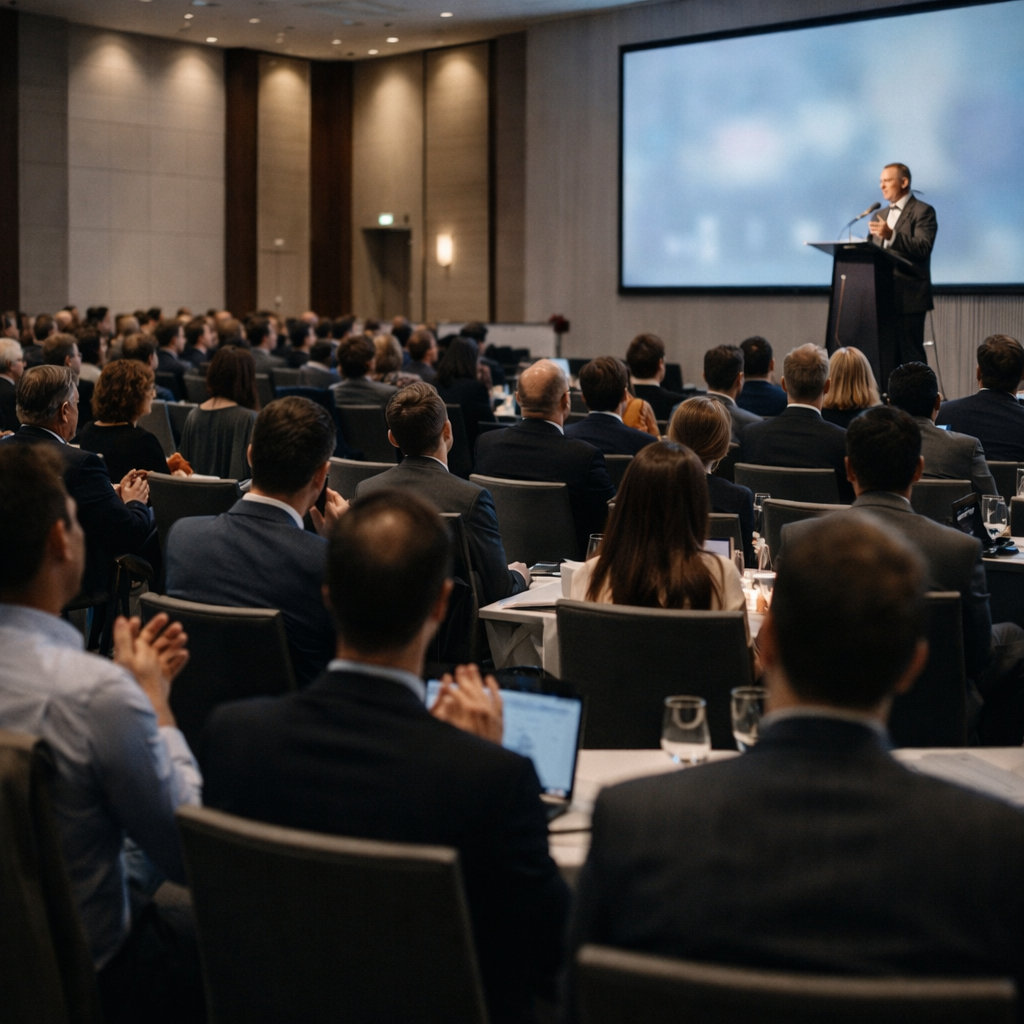 Conférence corporative professionnelle avec conférencier sur scène et public attentif dans un centre de congrès moderne