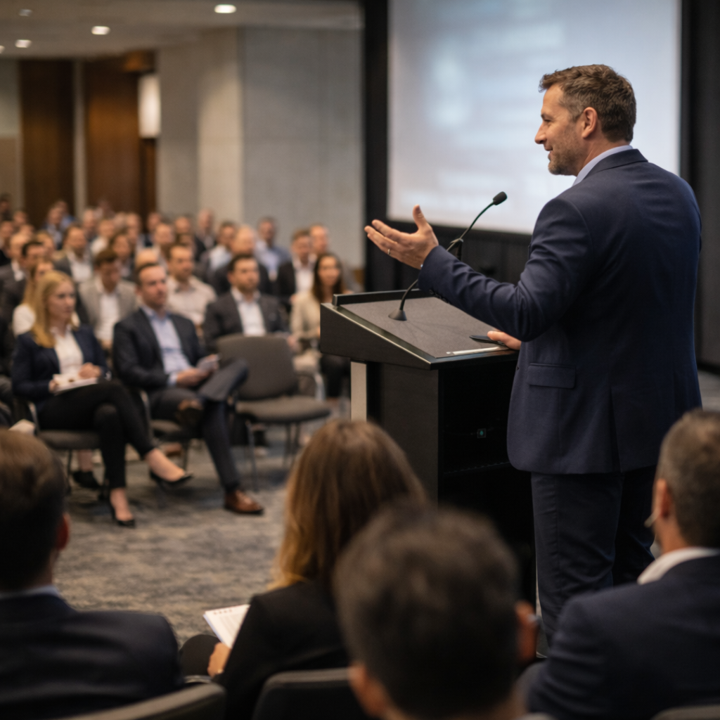 Conférencier s’adressant à un public corporatif lors d’une conférence professionnelle dans une salle événementielle moderne