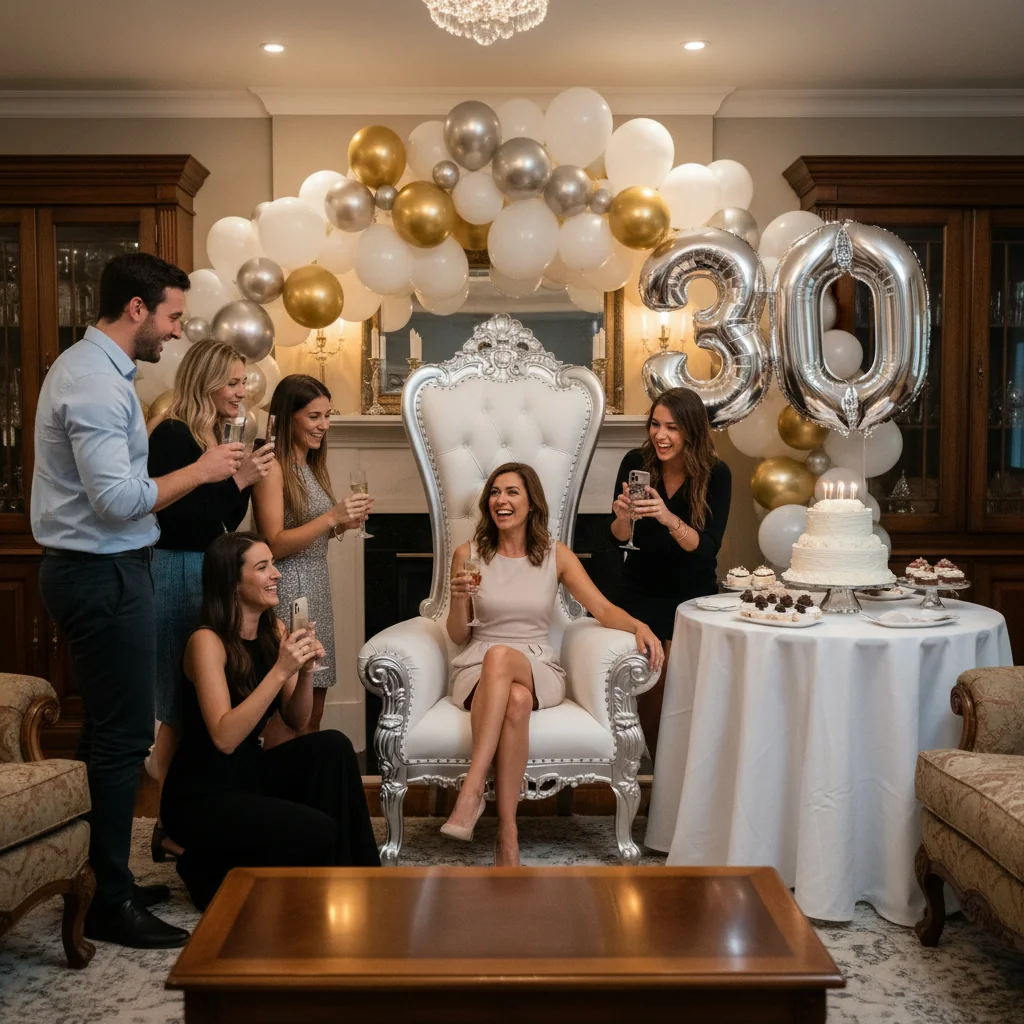 Trône blanc et argent pour anniversaire 30 ans