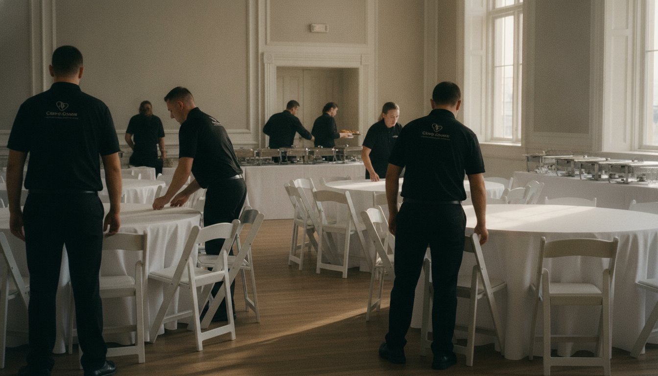&Eacute;quipe &Eacute;venox installant les tables dans une salle de r&eacute;ception avant un mariage
