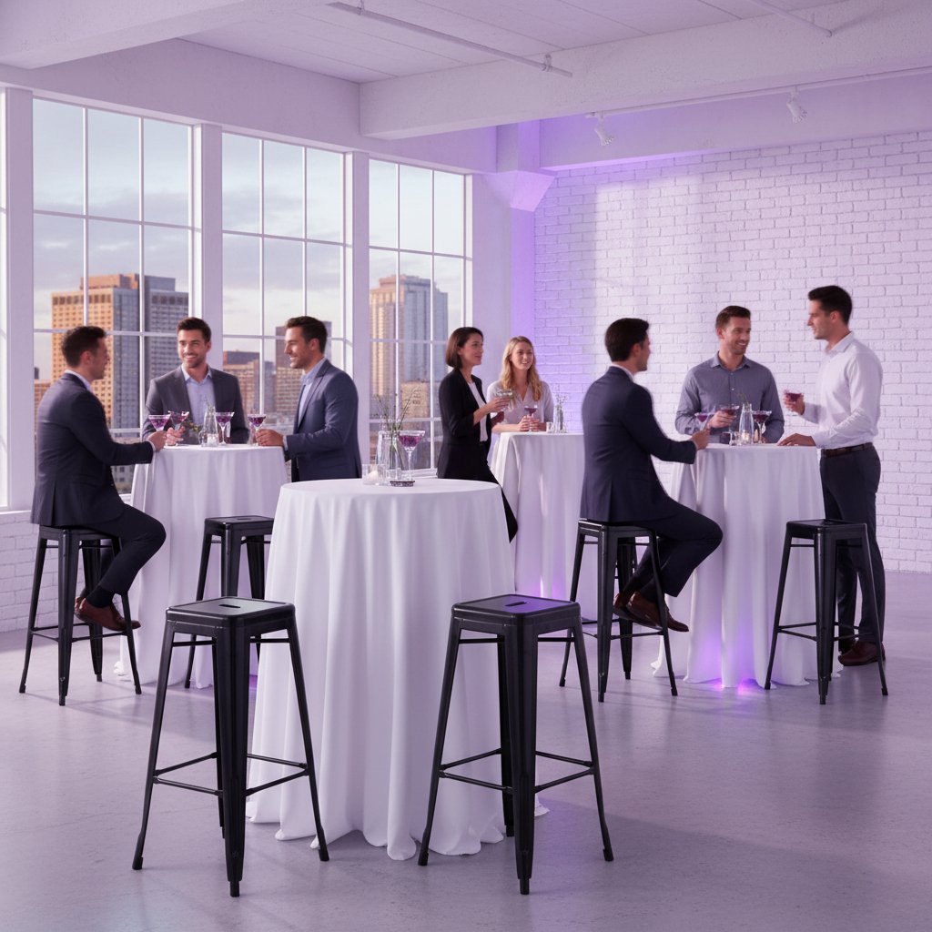 Tables &agrave; cocktail napp&eacute;es et tabourets hauts noirs pour un 5 &agrave; 7 corporatif