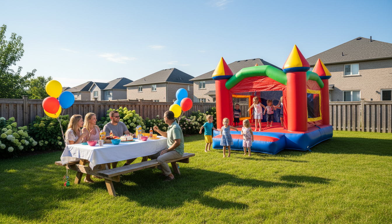 Fête d'anniversaire en arrière-cour avec château gonflable, enfants et table de pique-nique