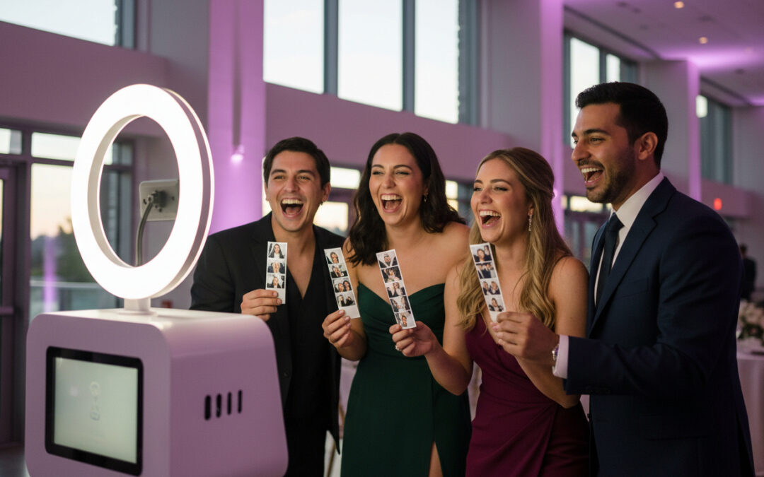 Invités riant avec leurs bandes photos devant un photobooth lors d'une réception de mariage à l'éclairage mauve