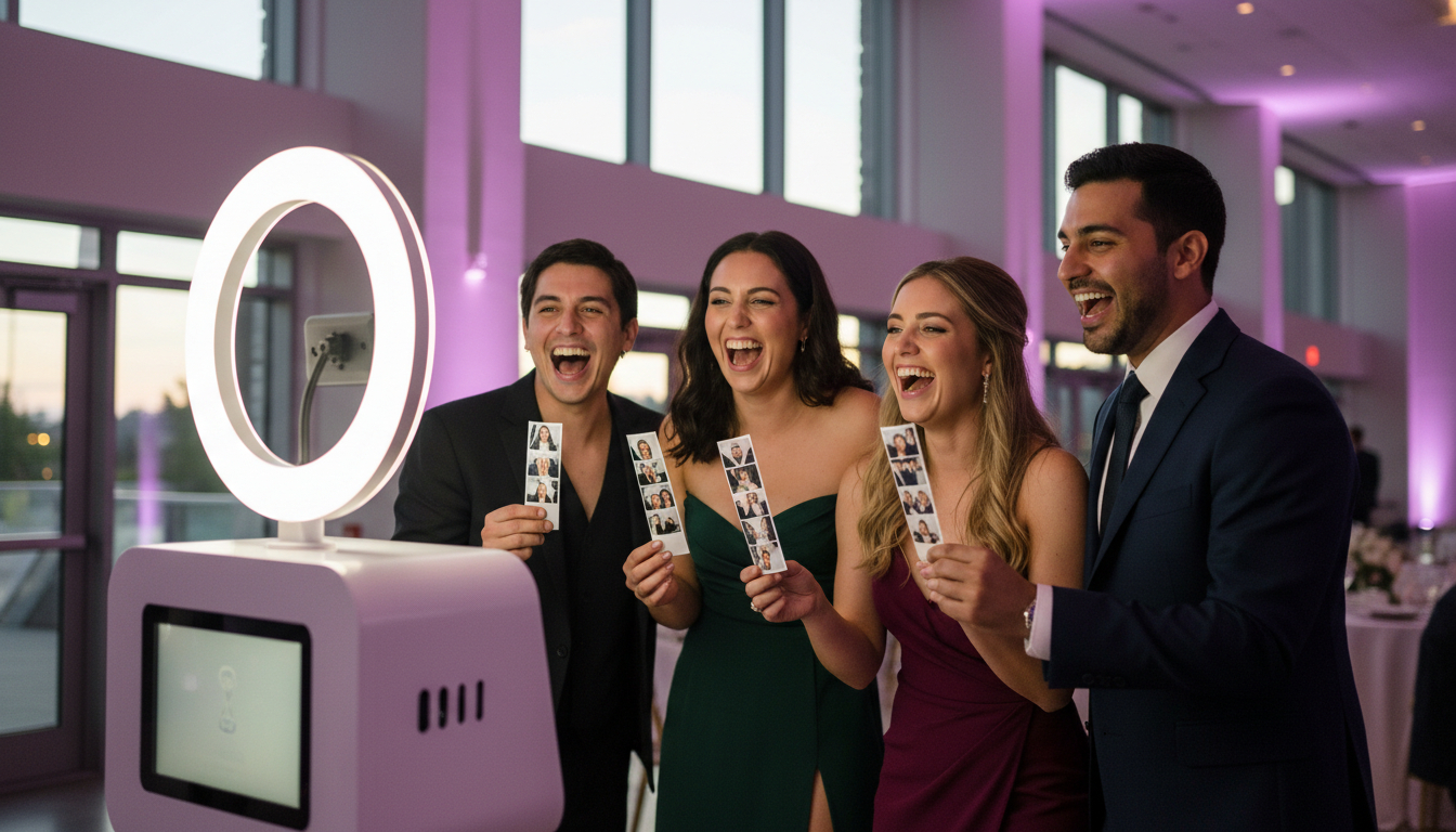 Invités riant avec leurs bandes photos devant un photobooth lors d'une réception de mariage à l'éclairage mauve