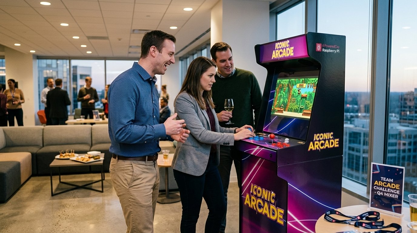Borne d'arcade multijeux installée dans un coin lounge