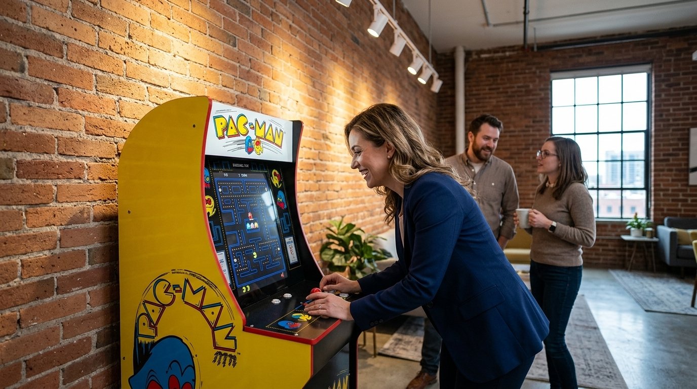 Borne d'arcade Pac-Man dans un loft d'entreprise