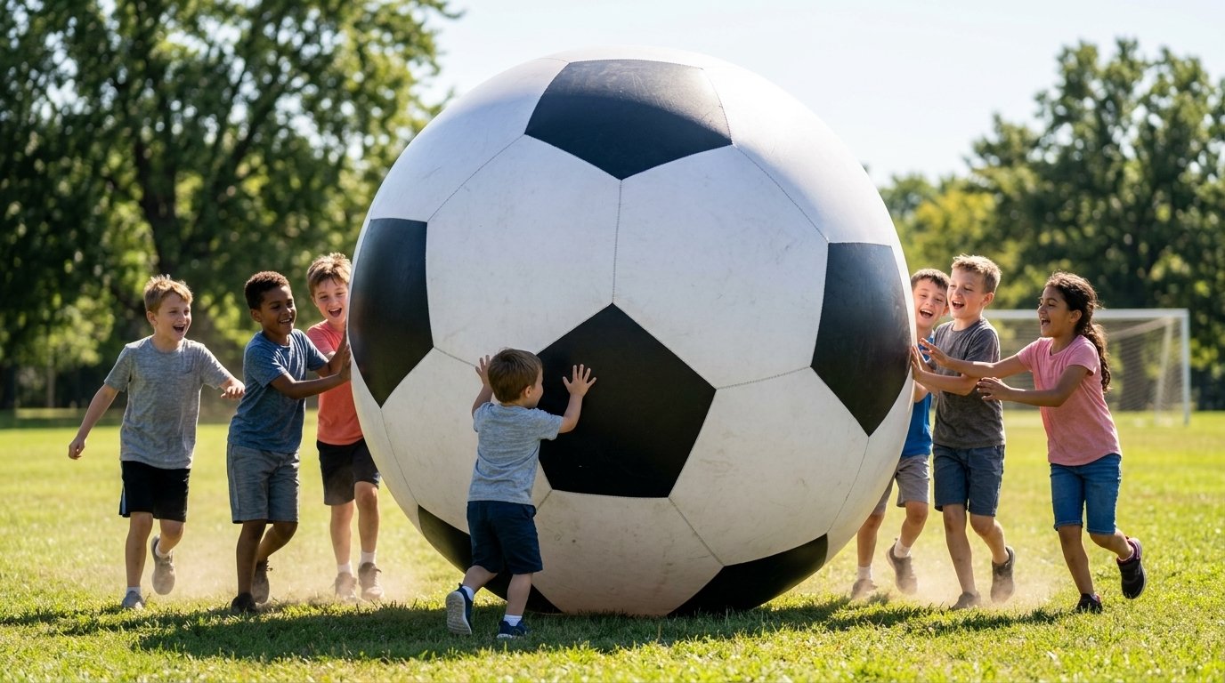 Ballon de soccer géant poussé par des enfants
