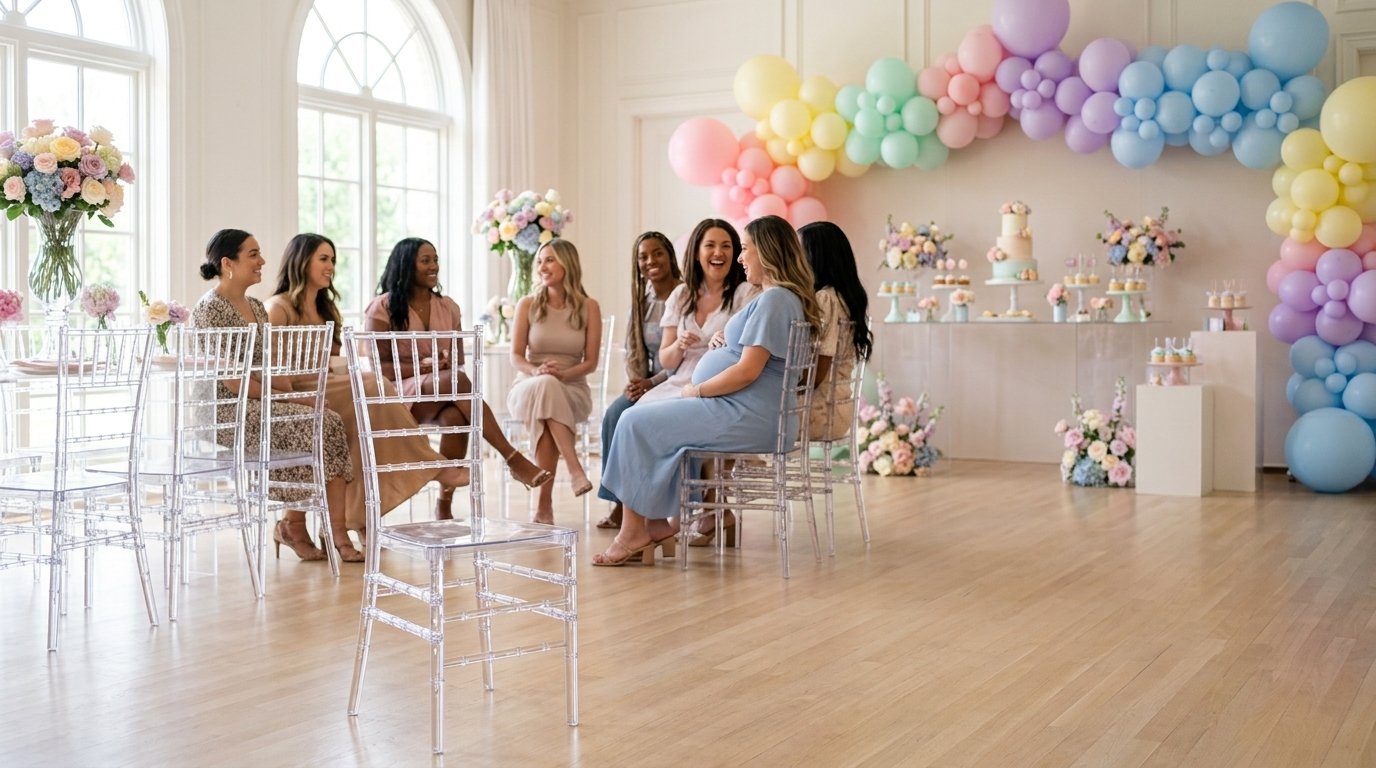 Chaises Chiavari blanches dans une salle de baby shower