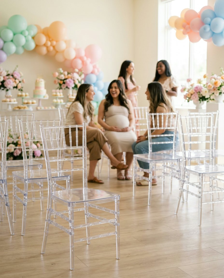 Chaise Chiavari blanche, salle décorée en tons pastel