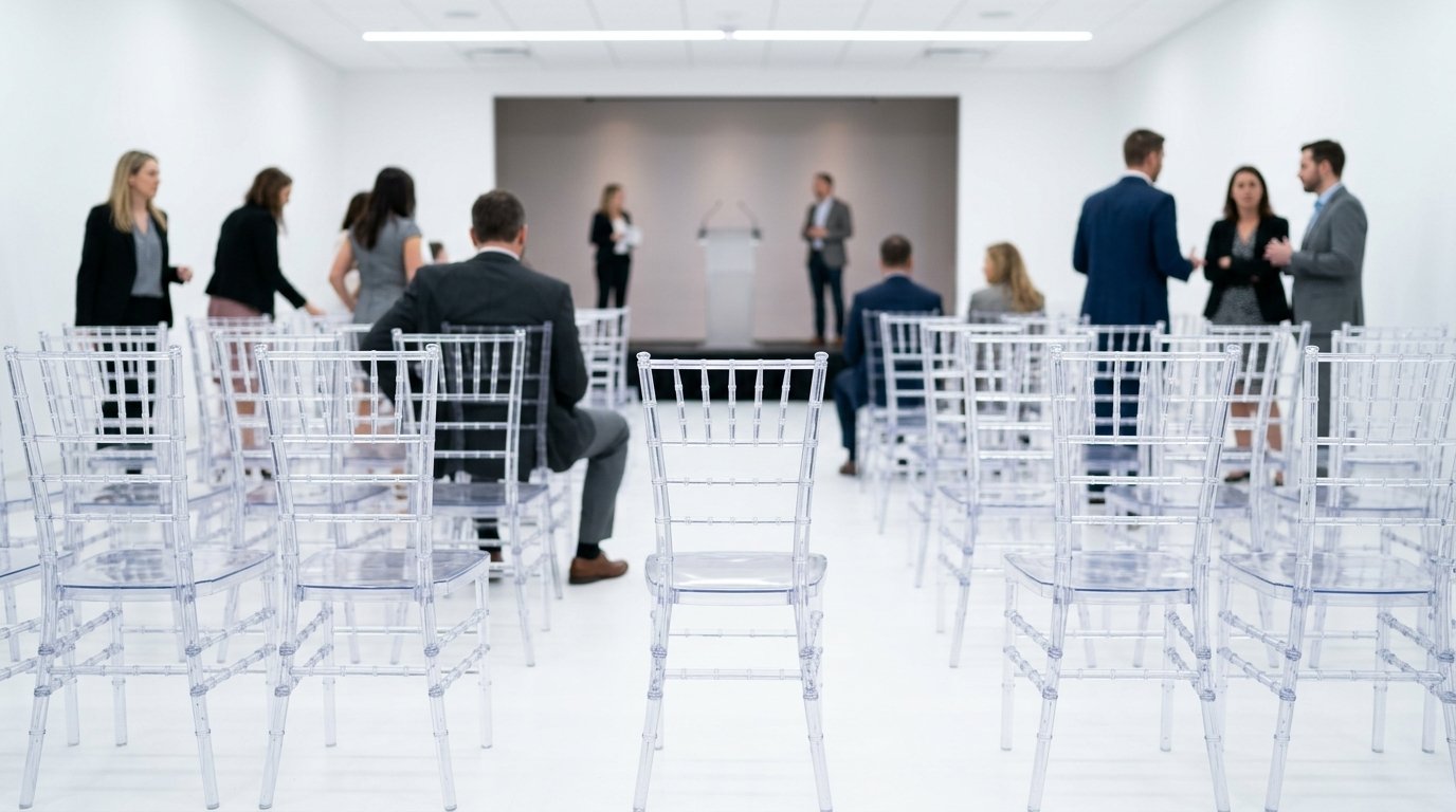 Chaises Chiavari blanches lors d'un événement corporatif