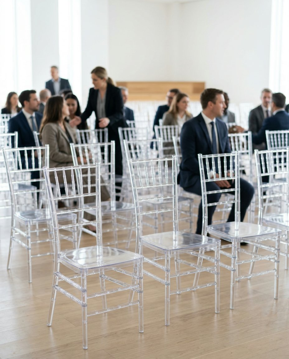 Chaises Chiavari blanches lors d'un événement corporatif