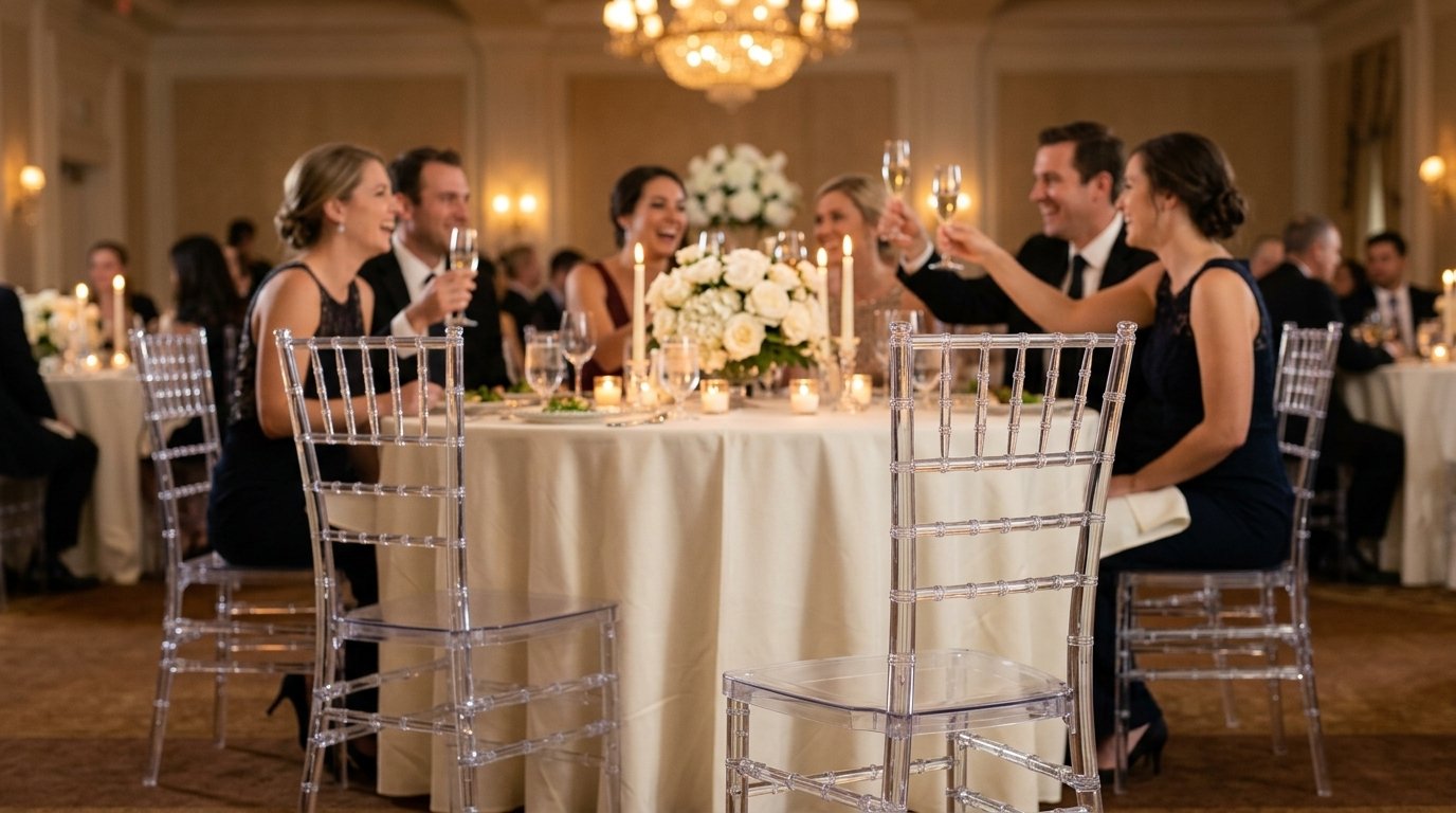 Chaises Chiavari blanches en location autour d'une table de réception