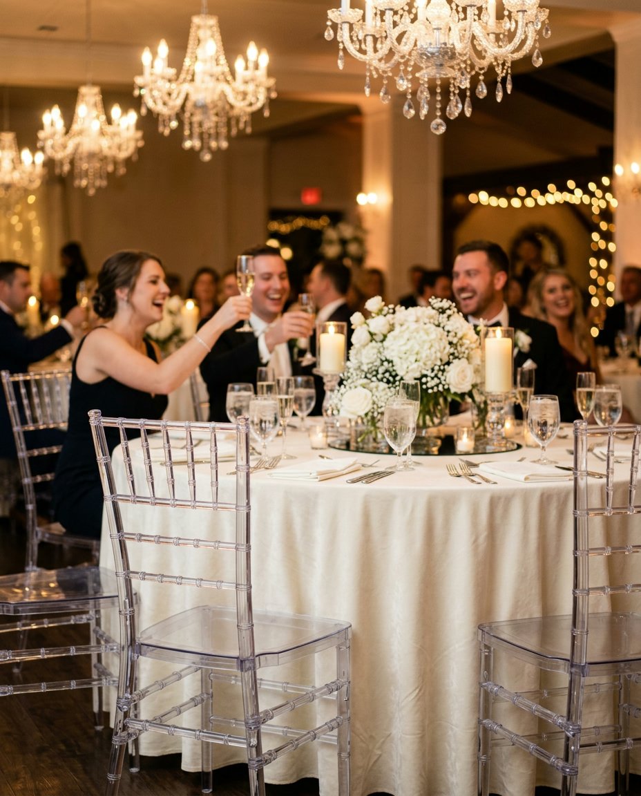 Chaises Chiavari blanches autour d'une table de mariage