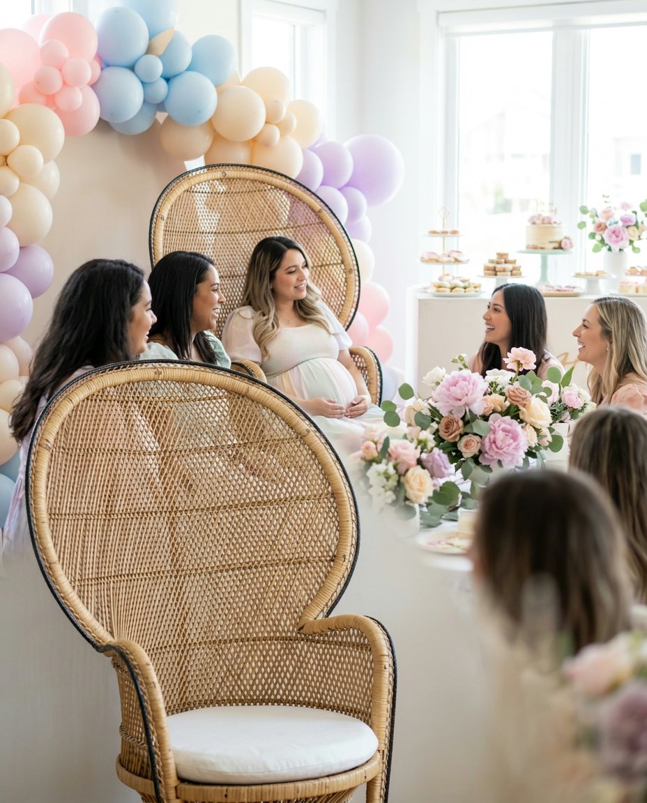 Chaise Emmanuelle, décor pastel de baby shower