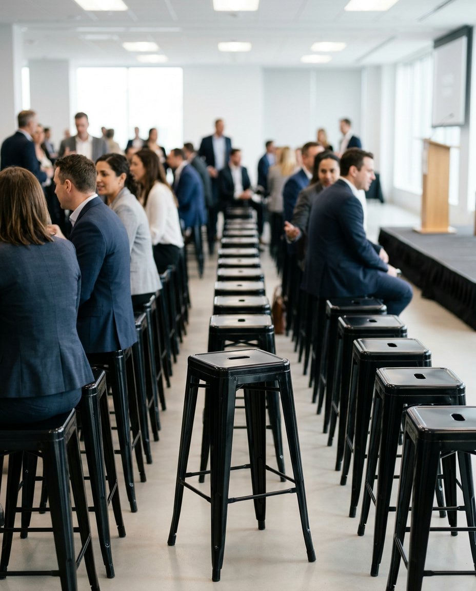 Chaises hautes noires en métal pour un cocktail corporatif
