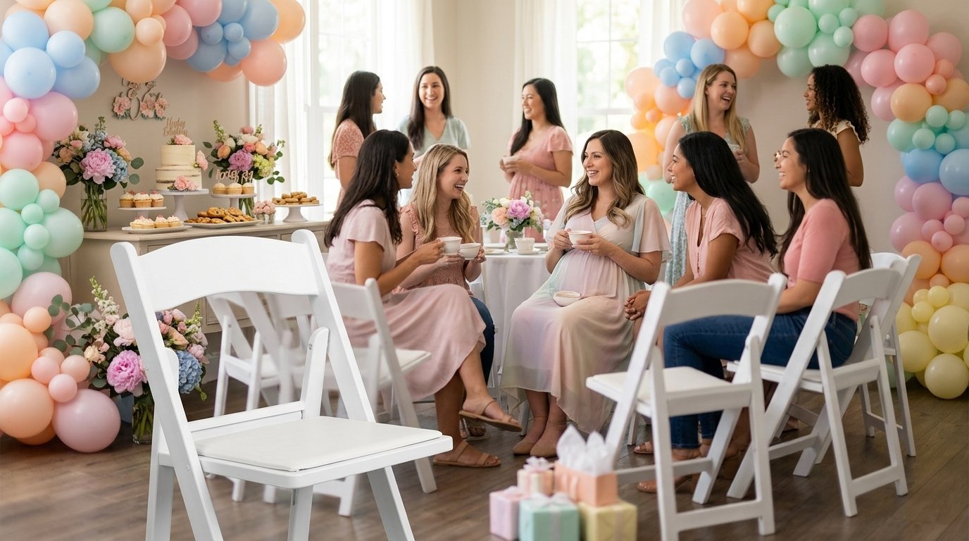 Chaises Martha blanches dans une salle de baby shower