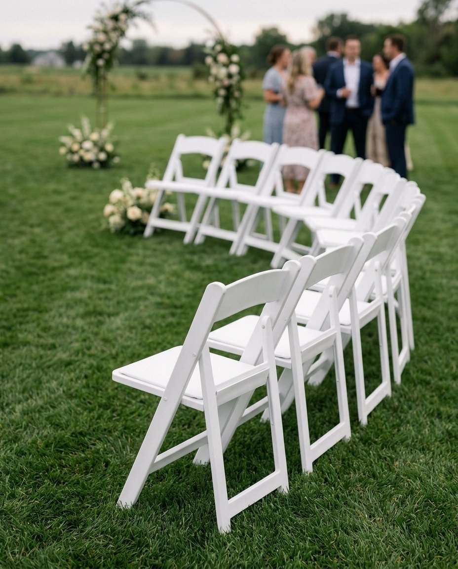Chaises Martha blanches alignées pour une cérémonie extérieure