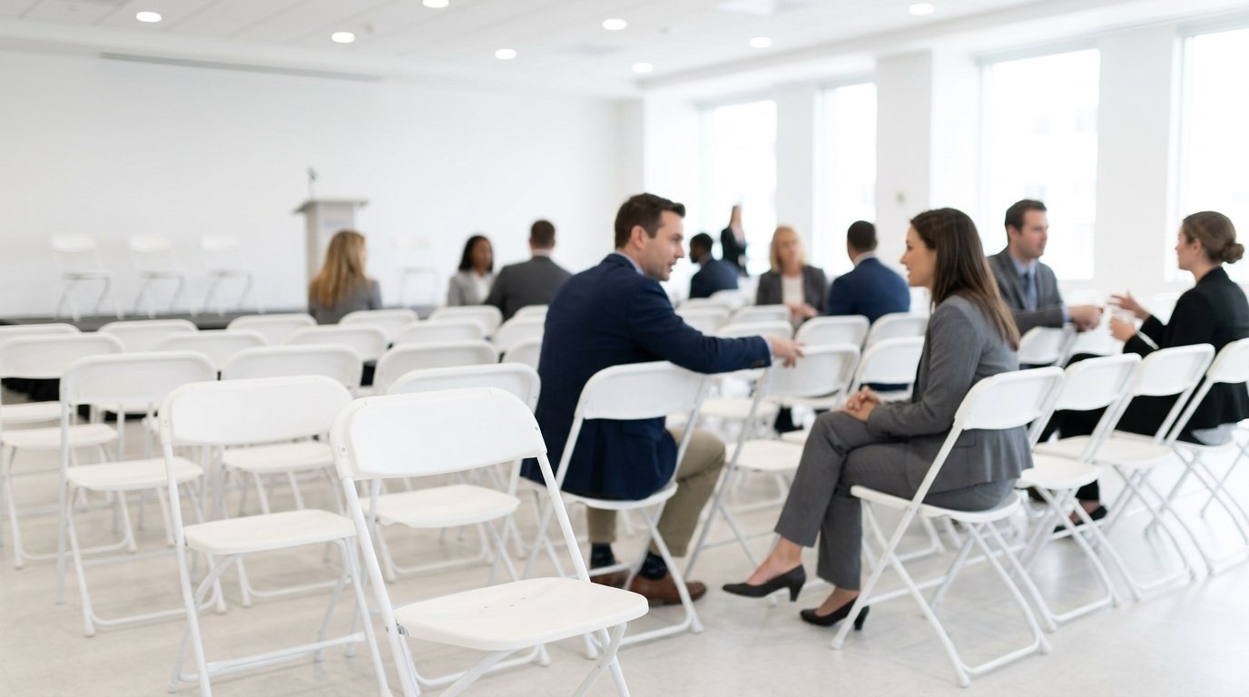Chaises pliantes blanches en rangées dans une salle de conférence