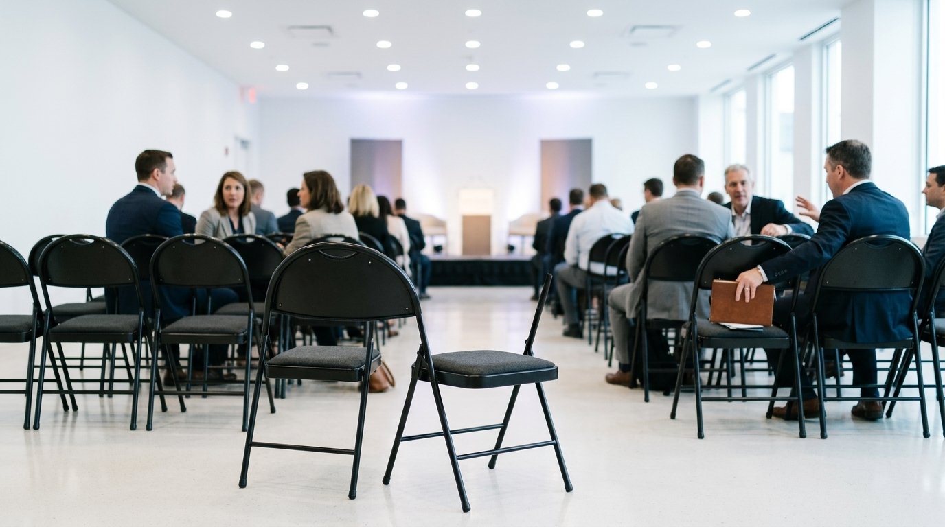 Chaises pliantes rembourrées en rangées dans une salle de conférence