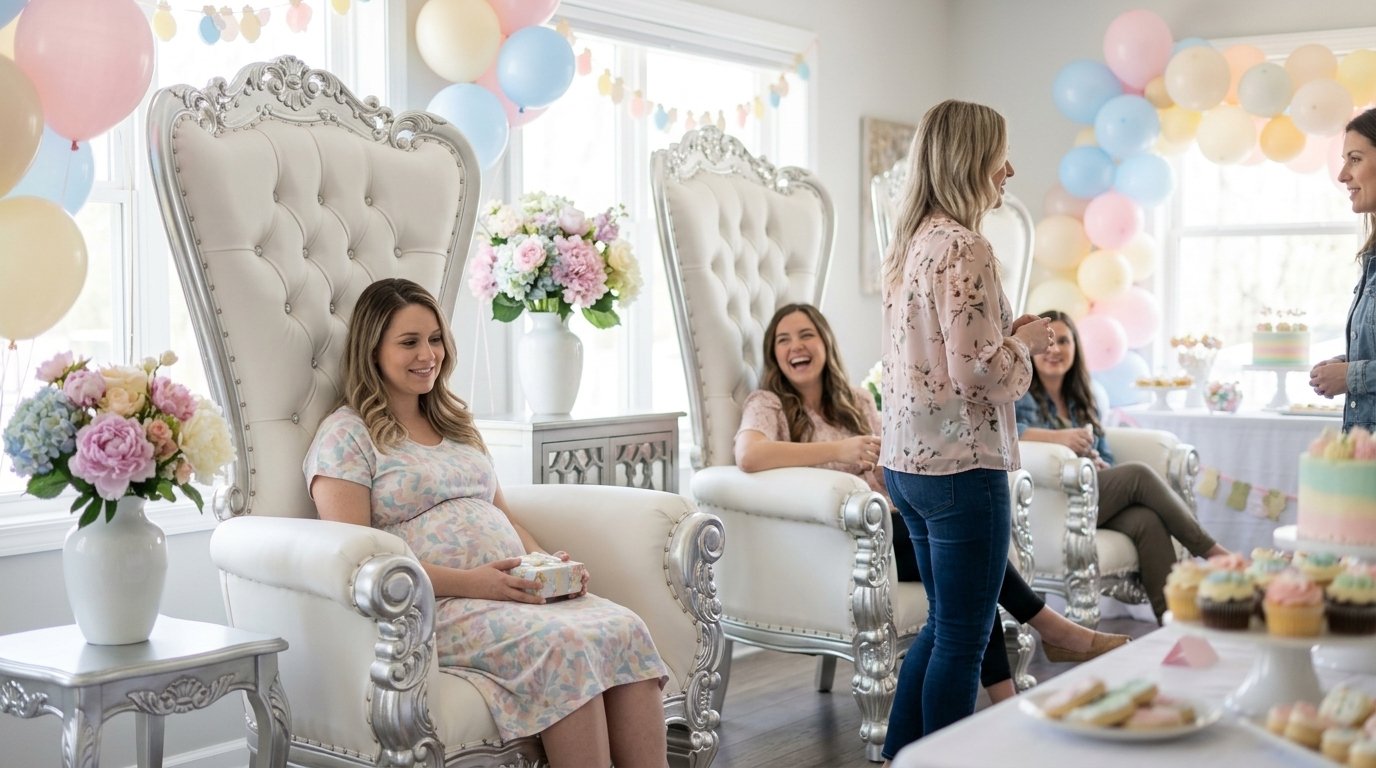 Chaise de trône blanche et argent pour la future maman