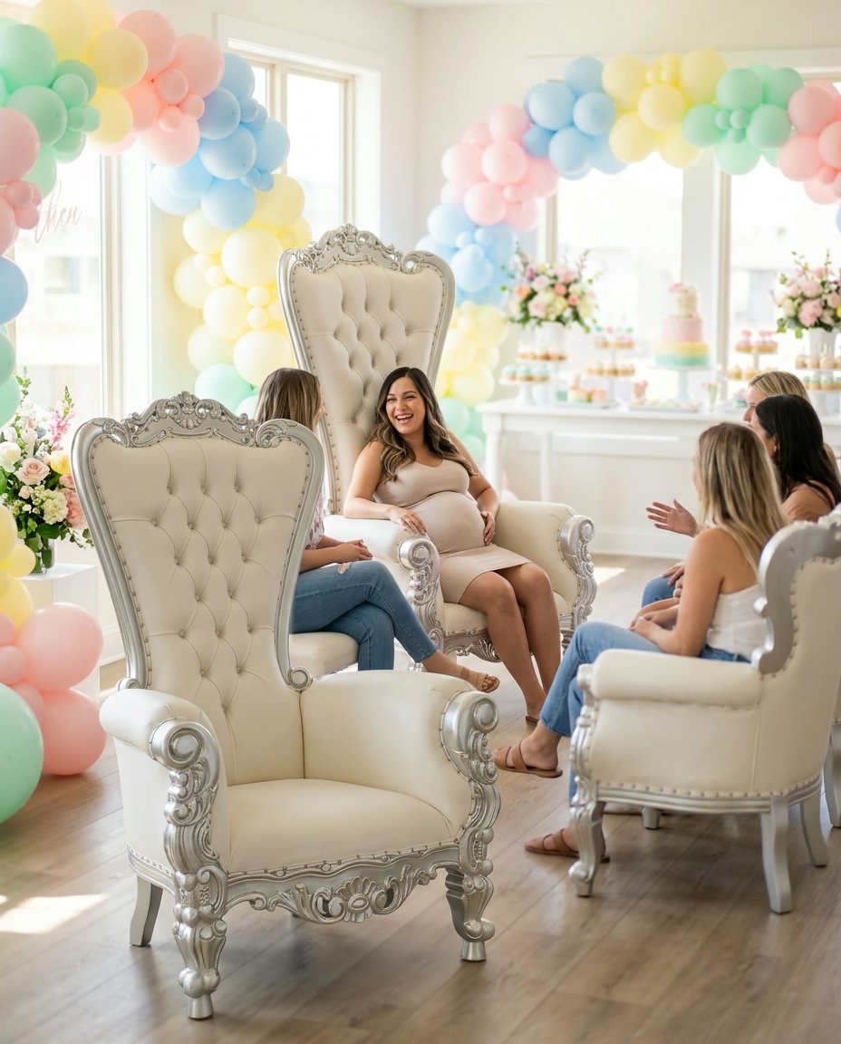 Chaise de trône blanche et argent, décor pastel