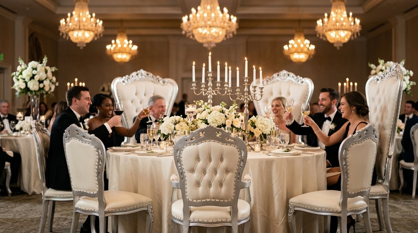 Chaise de trône blanche et argent pour les mariés